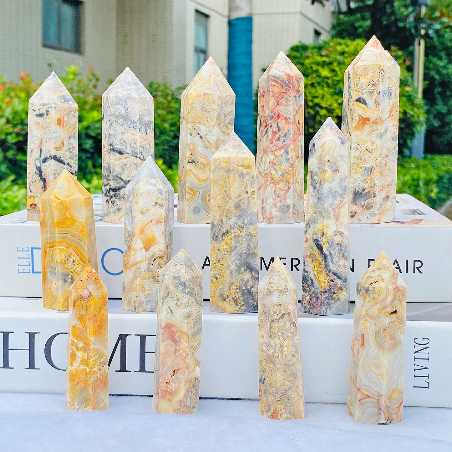 High quality Natural Healing Crystal Crazy Agate Hexagonal Column For Room Decoration