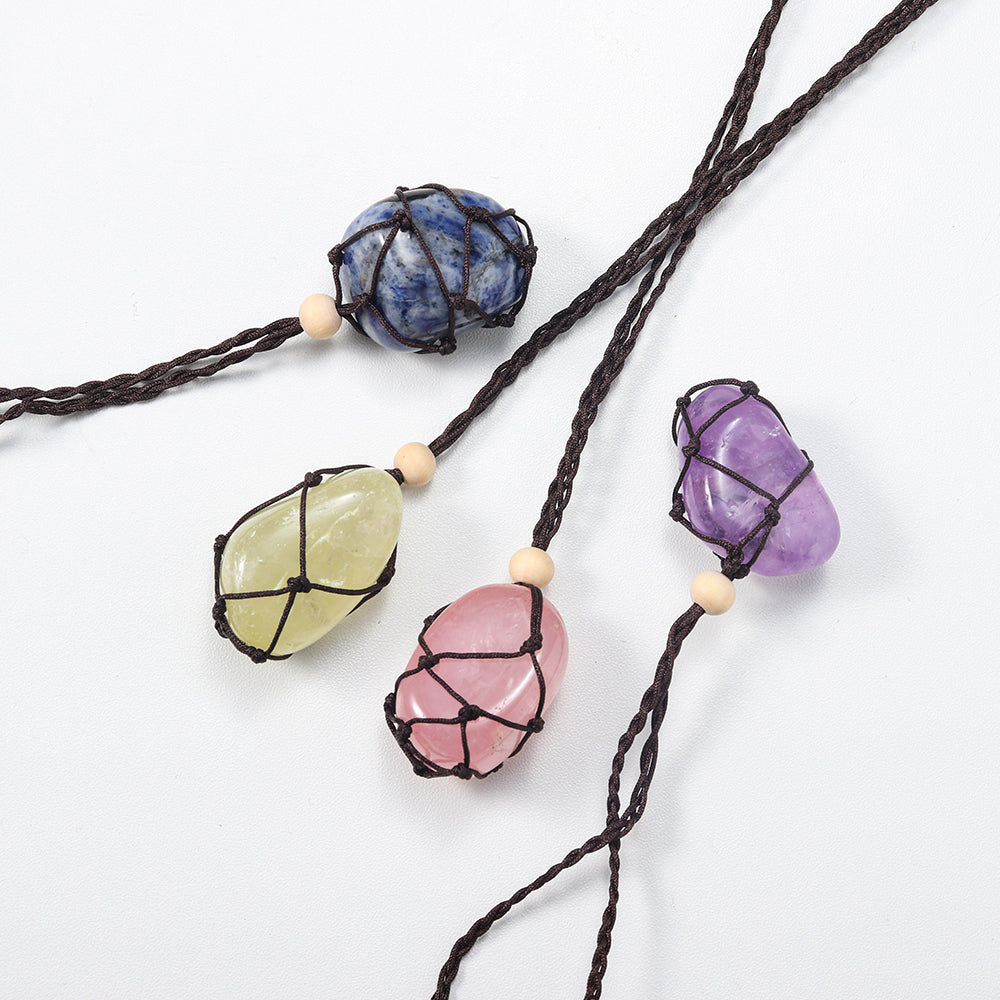 Wholesale quartz natural gem stone crystal tumbled stone pendant wrapped braid pendant necklace