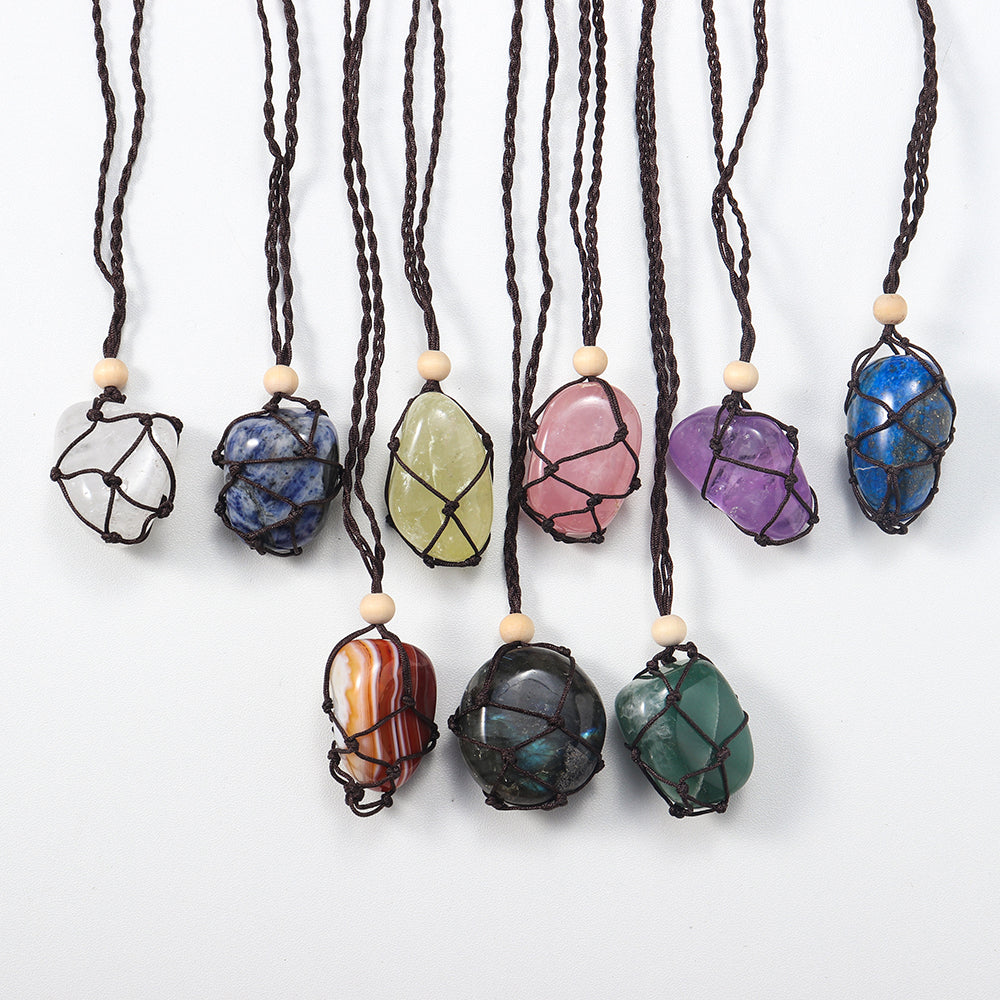 Wholesale quartz natural gem stone crystal tumbled stone pendant wrapped braid pendant necklace