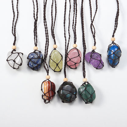 Wholesale quartz natural gem stone crystal tumbled stone pendant wrapped braid pendant necklace